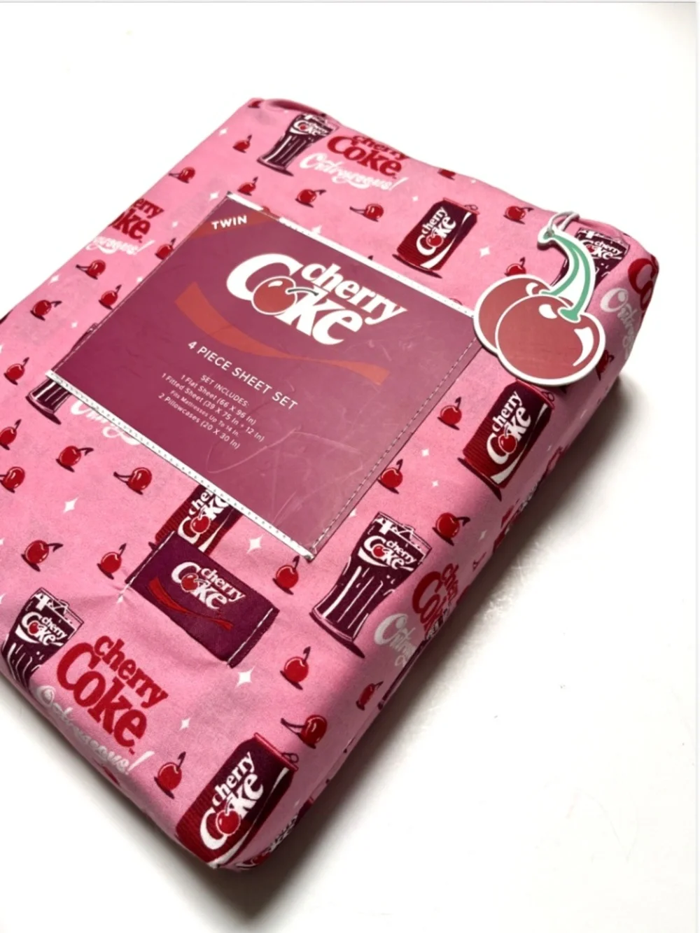 Cherry Coke Twin Sheet Set 4pc Pink Cherries Coca-Cola Bedding Polyester New